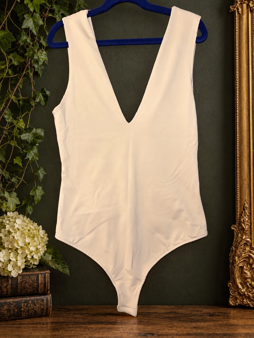 Free People Keep It Sleek Nude Deep V Thong Bodysuit Minimalist Y2K